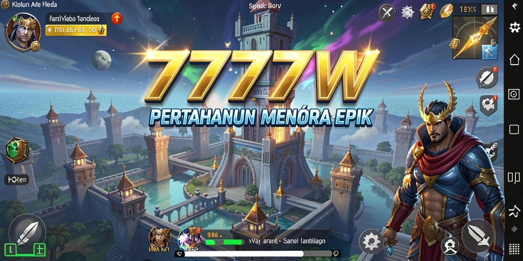 Tampilan gameplay 7777W dengan menara yang beraksi melawan musuh.