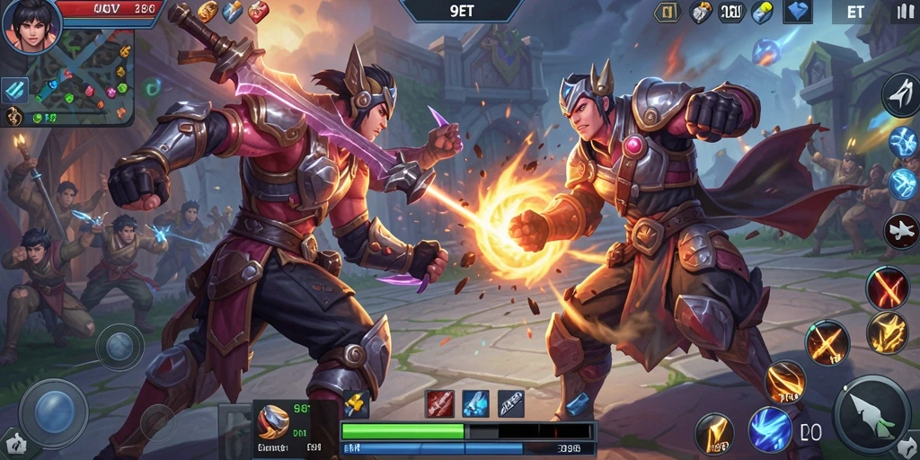Screenshot gameplay 9ET yang menunjukkan aksi pertarungan tim di arena.
