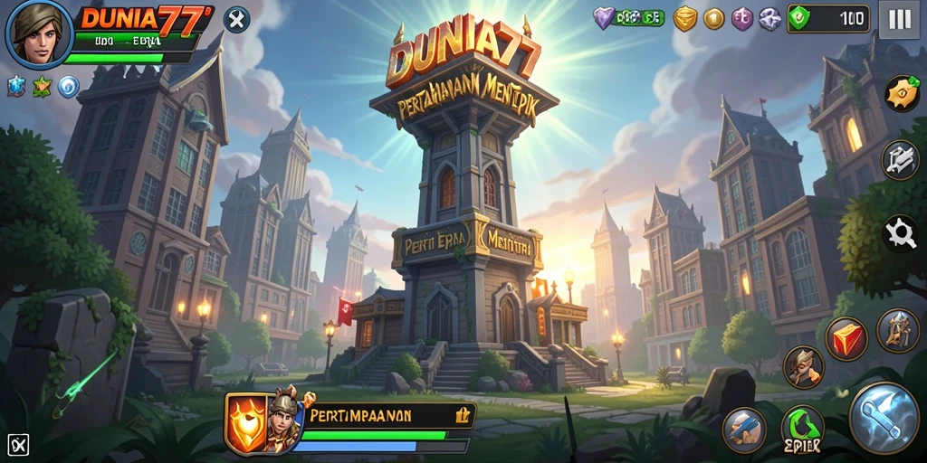 Tangkapan layar gameplay DUNIA77 dengan menara pertahanan yang aktif.