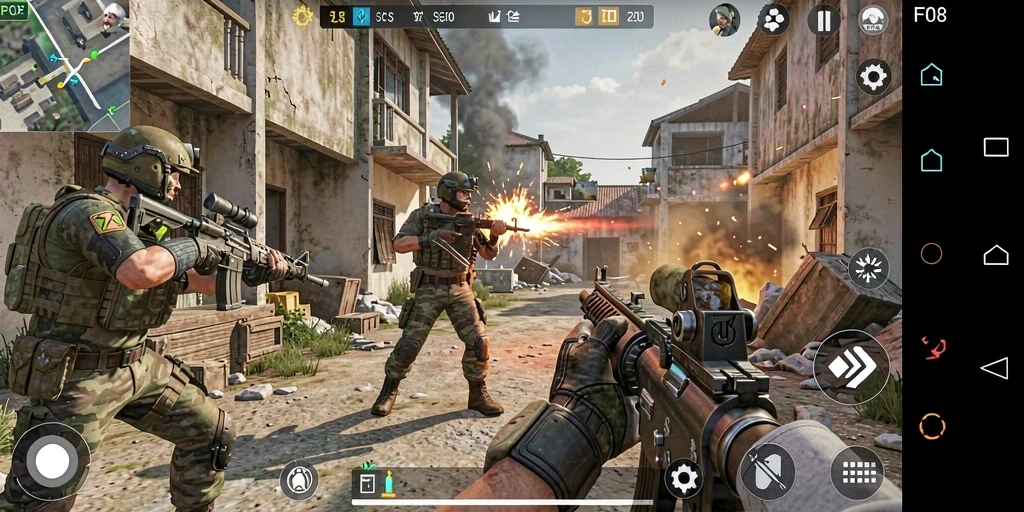Tangkapan layar gameplay F08 yang penuh aksi dalam pertempuran FPS.