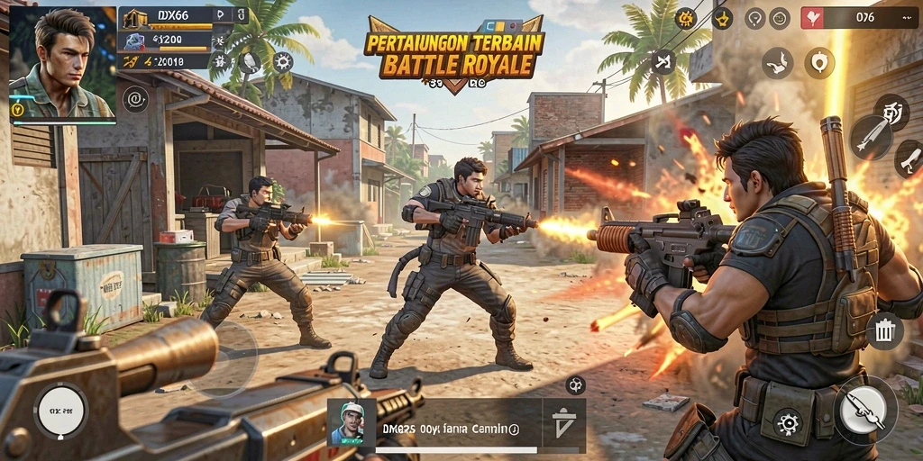 Screenshot gameplay menunjukkan momen epic dalam pertarungan Battle Royale.