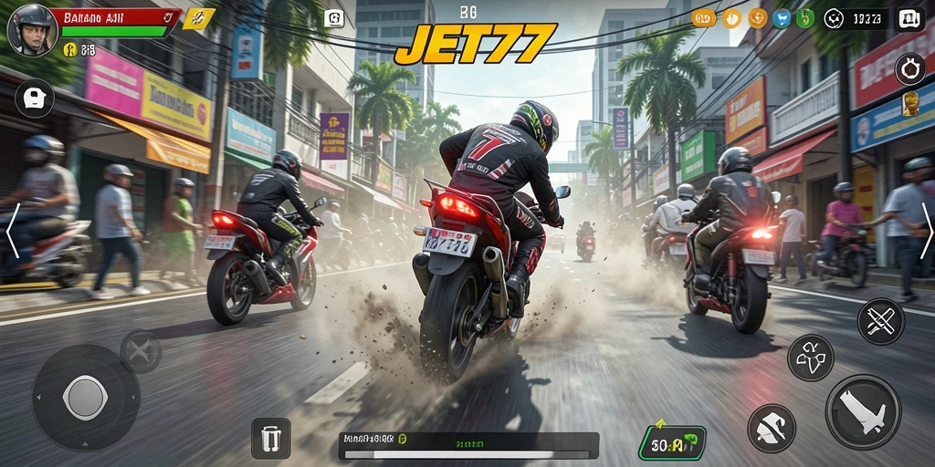 Gameplay JET77 yang penuh aksi dan kecepatan di lintasan balap.