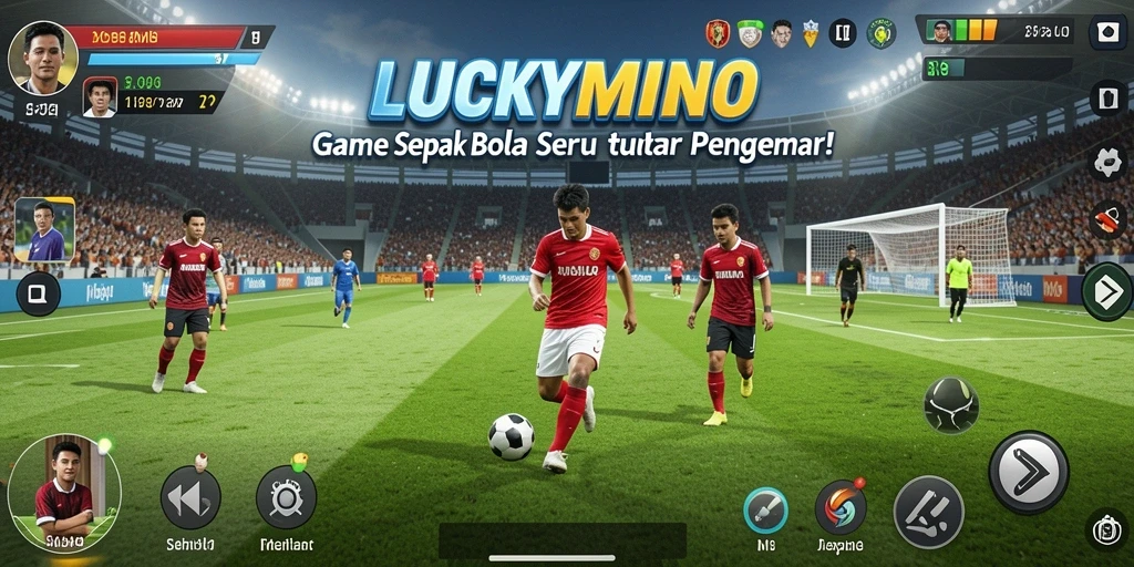 Tangkapan layar gameplay LUCKYMINO menampilkan aksi sepak bola yang mendebarkan.