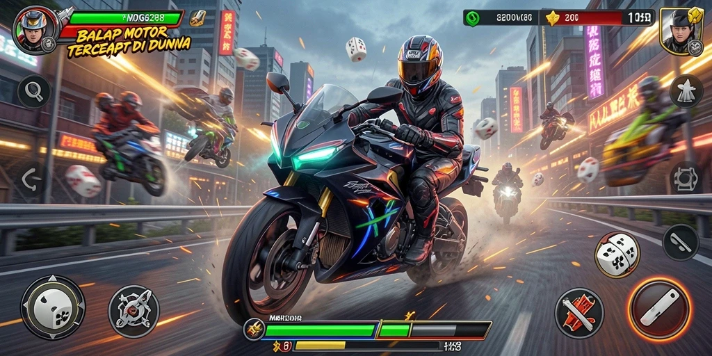 Screenshot gameplay MAHJONG288 menampilkan aksi balap motor yang seru dan mendebarkan.