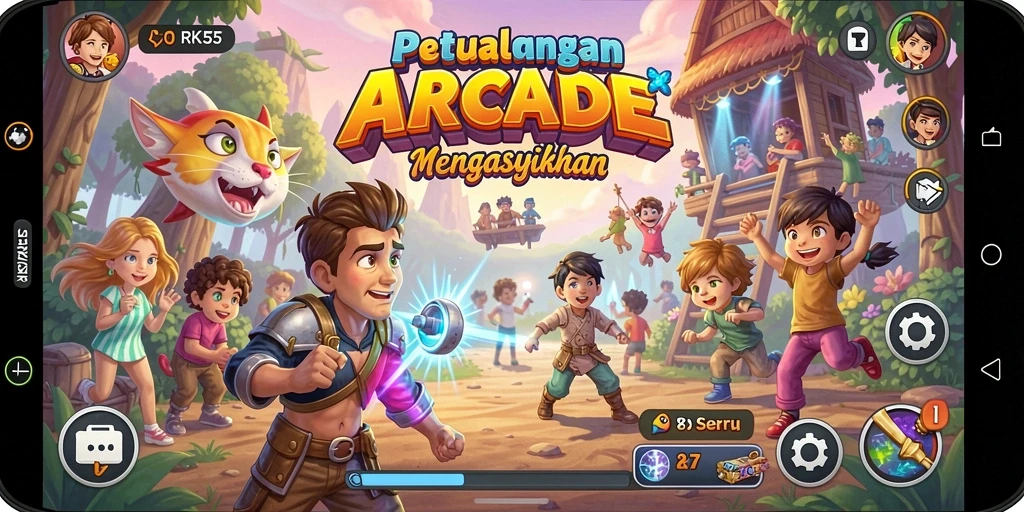 Screenshot utama RK55 menampilkan gameplay arcade yang mendebarkan.