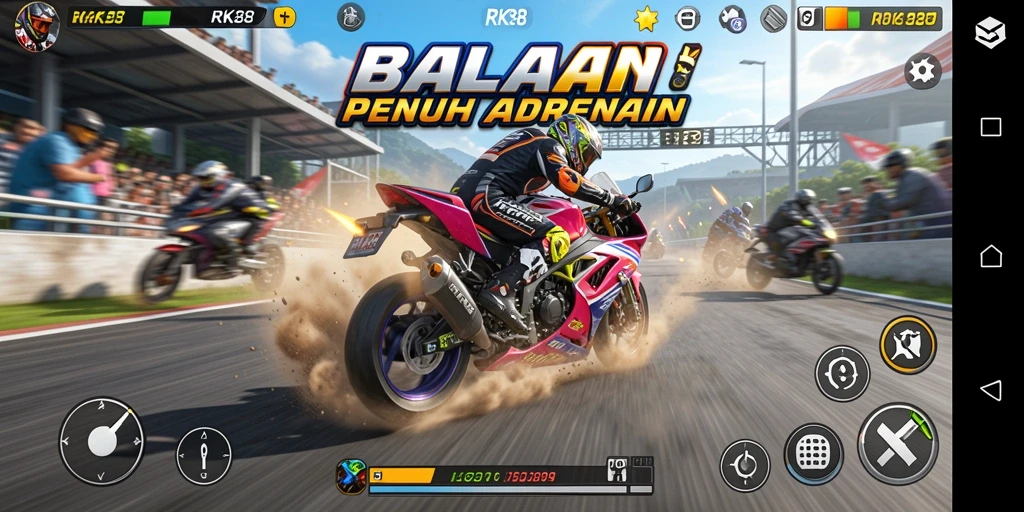 Gameplay RK88 yang mendebarkan dengan balapan motor yang seru.