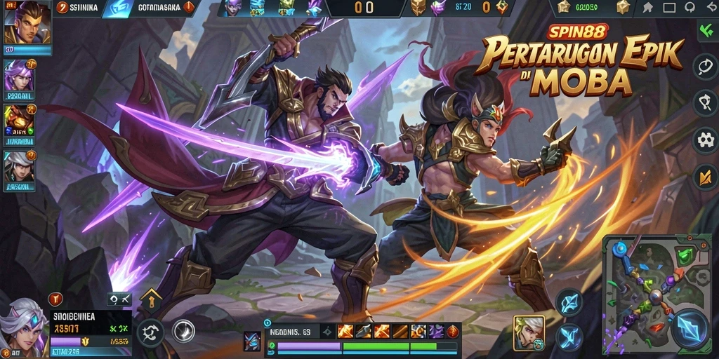 Tangkapan layar dari gameplay SPIN88 yang menampilkan aksi pertempuran tim MOBA.