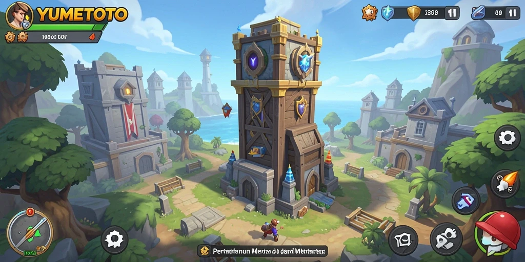 Screenshot permainan YUMETOTO menampilkan aksi menara pertahanan yang intens.